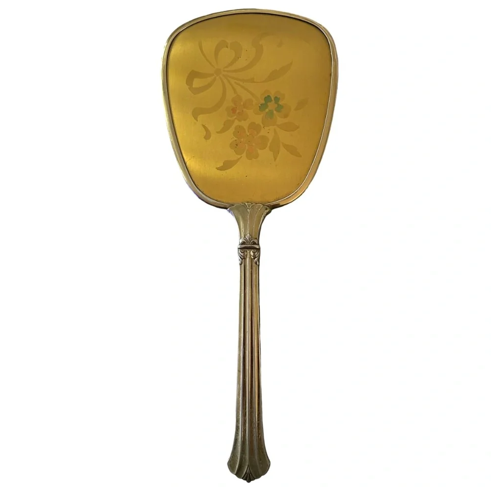 Vintage Art Deco Hand Held Gold Plated Vanity Mirror 13” Floral
